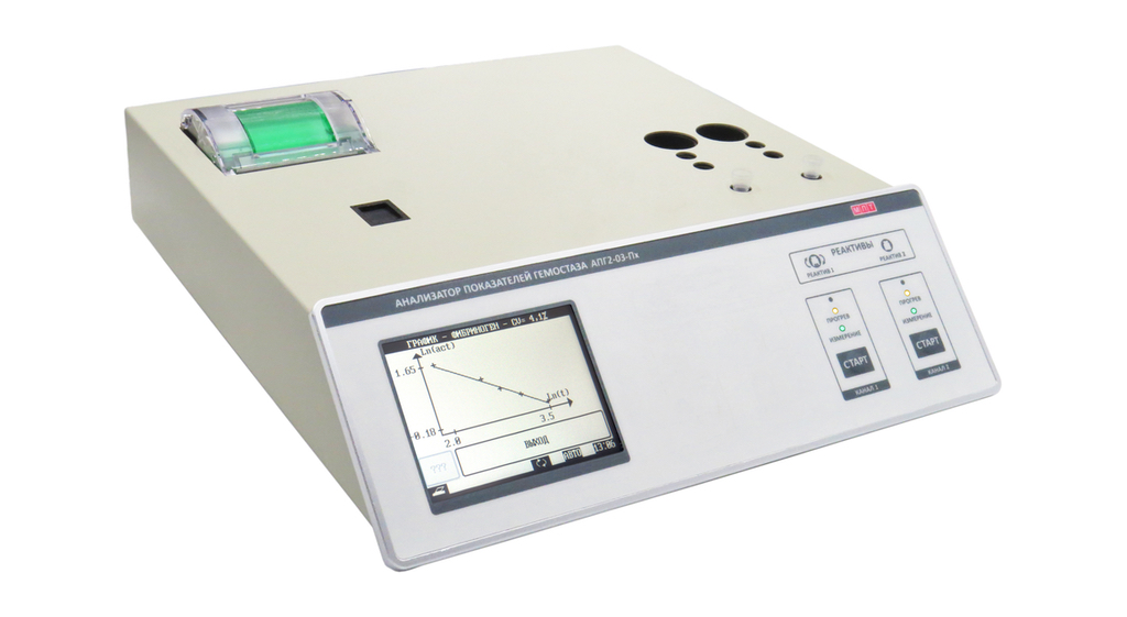 Двухканальный полуавтоматический коагулометр с графическим экраном, принтером и возможностью выполнения хромогенных тестов АПГ2-03-Пх